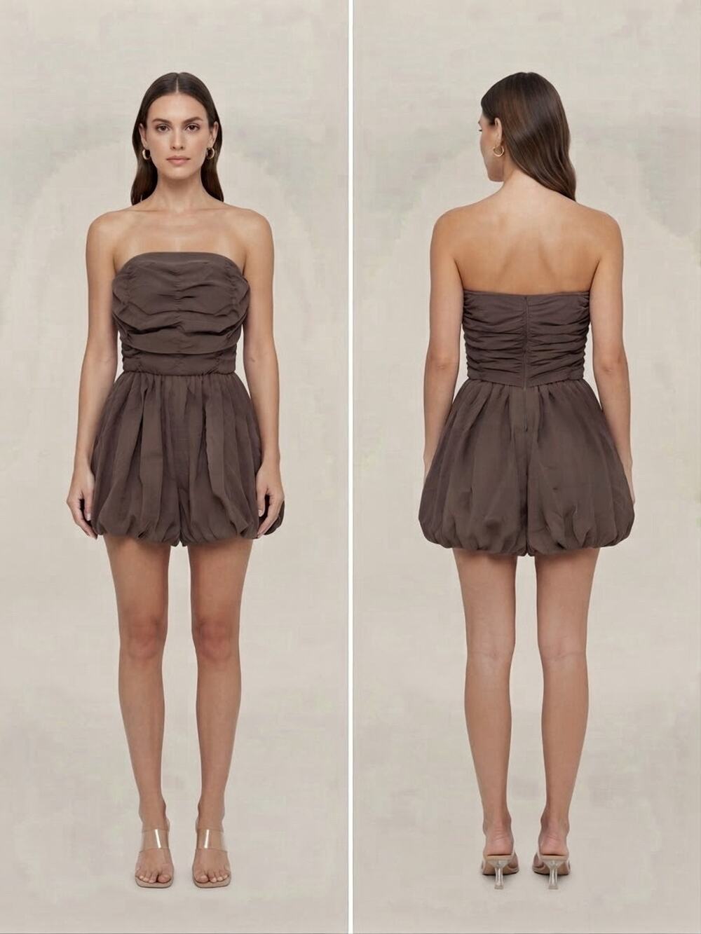 PrettyLittleThing Mushroom Brown Puffball Bandeau Romper Size 6 NWT